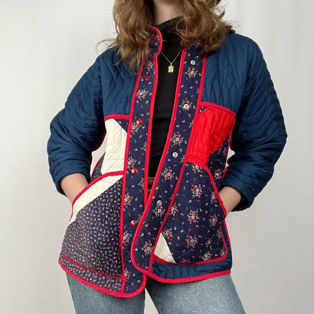 Vintage 60s 70s Quilted Floral Light Jacket Oversized Cottagecore Grandmacore - Picture 6 of 9